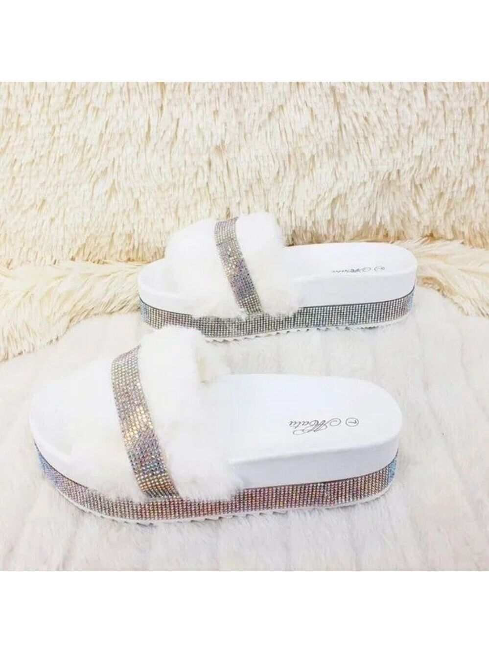 NIB Furry Slip On Rhinestone Comfy platform Slippers White Faux Fur 4 L